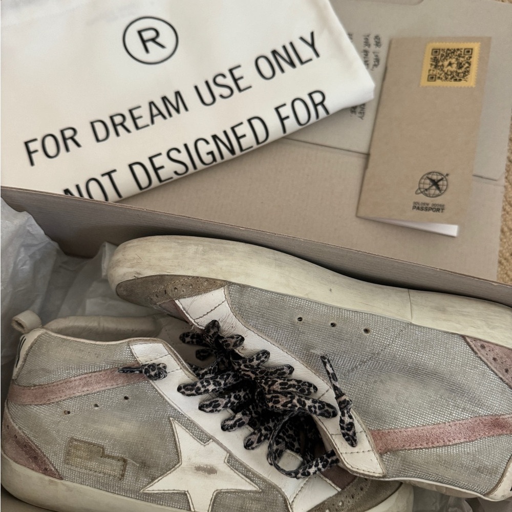 Golden Goose Gray and Cream Sneakers with Leopard Laces